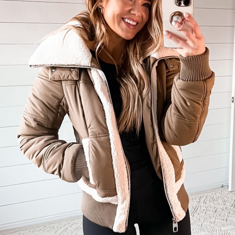 Womens zip front hooded jacket 2 front pockets bomber with Sherpa trim